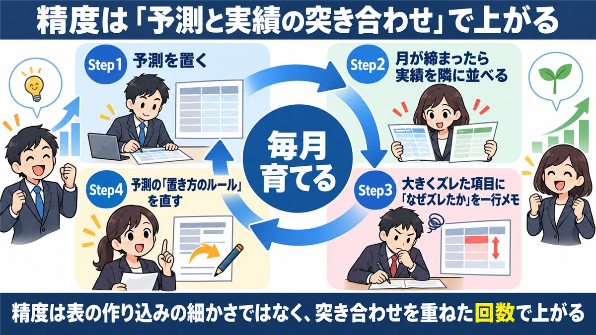 予測と実績の突き合わせを毎月回す循環図解