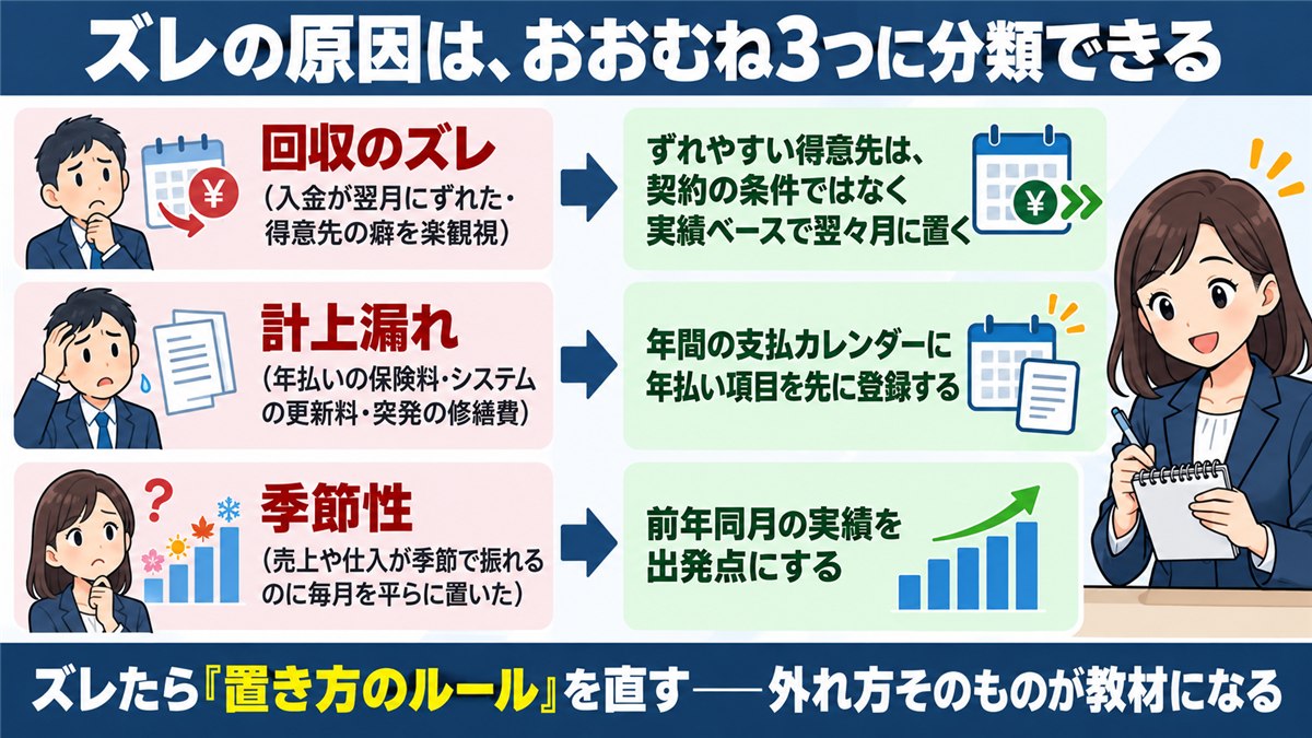 資金繰り予測のズレ3分類と直し方の対応表