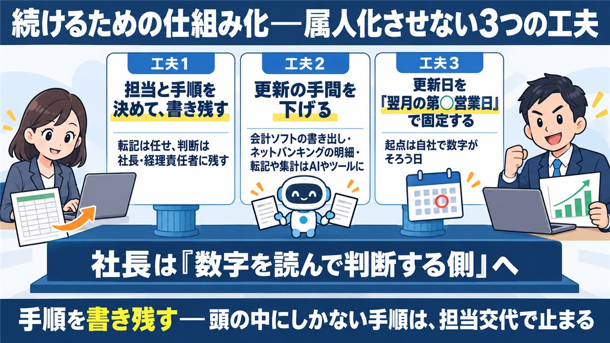 資金繰り表を続けるための3つの工夫と土台を示す図解