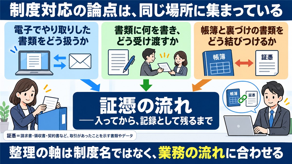 制度の論点が証憑の流れに集まることを示す土台図解