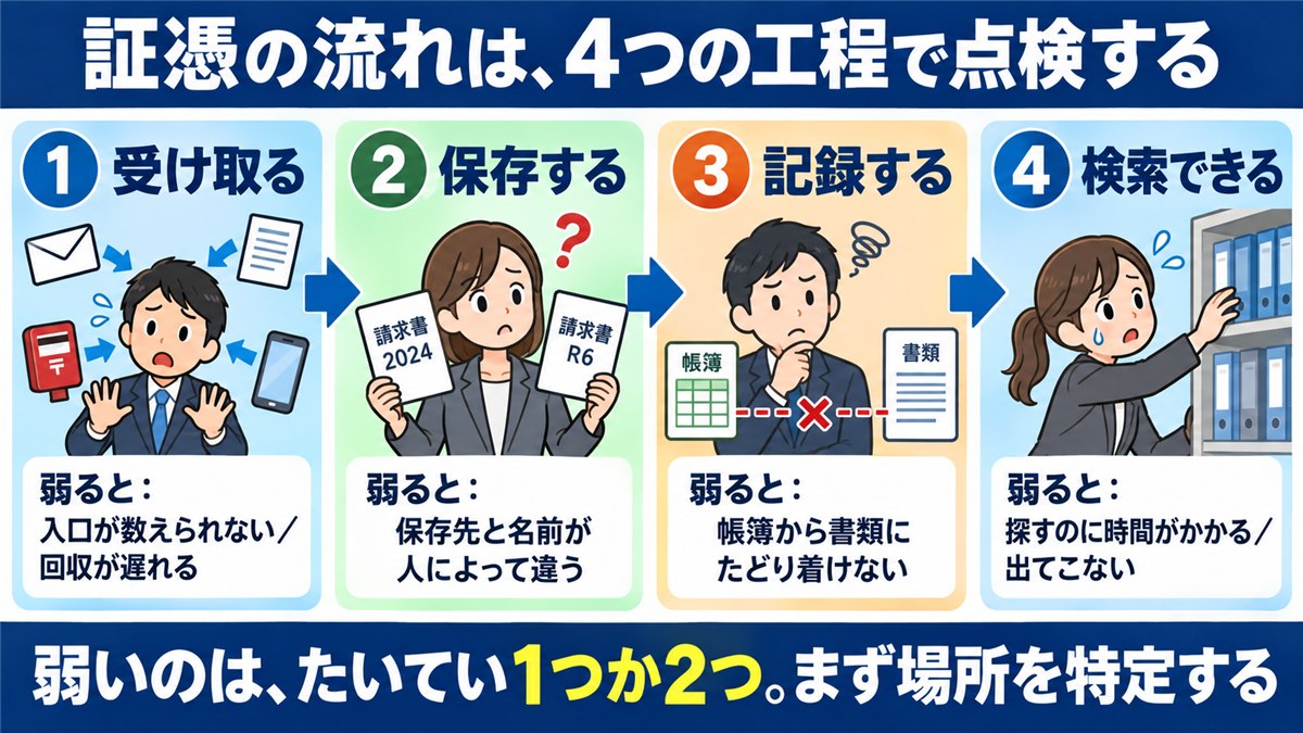 証憑の流れの4工程と弱ったときの症状のカード図解