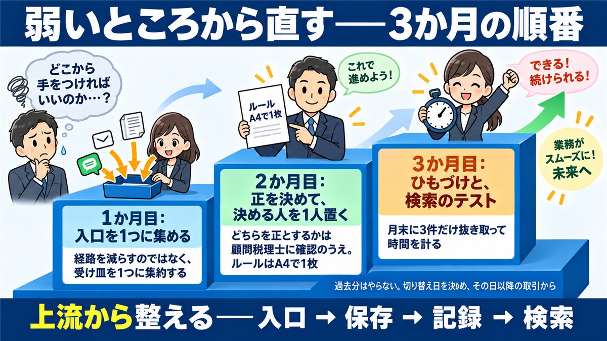 3か月で証憑の流れを直す順番を示す階段図解