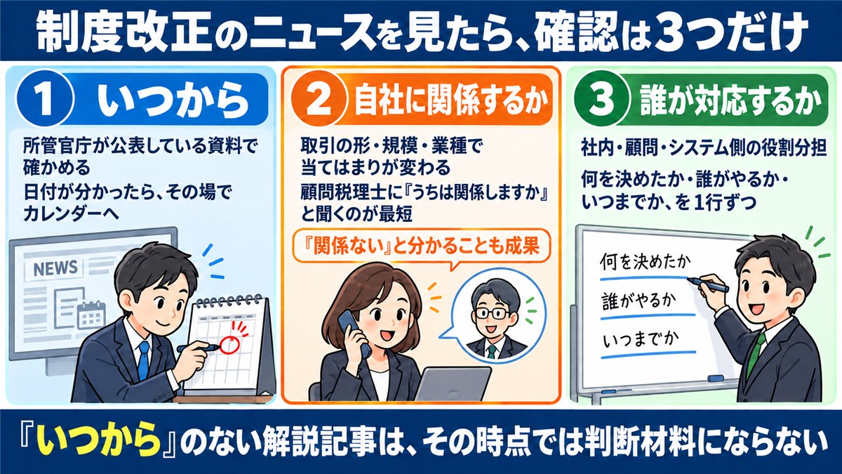 制度改正のニュースで社長が確認する3点のカード図解