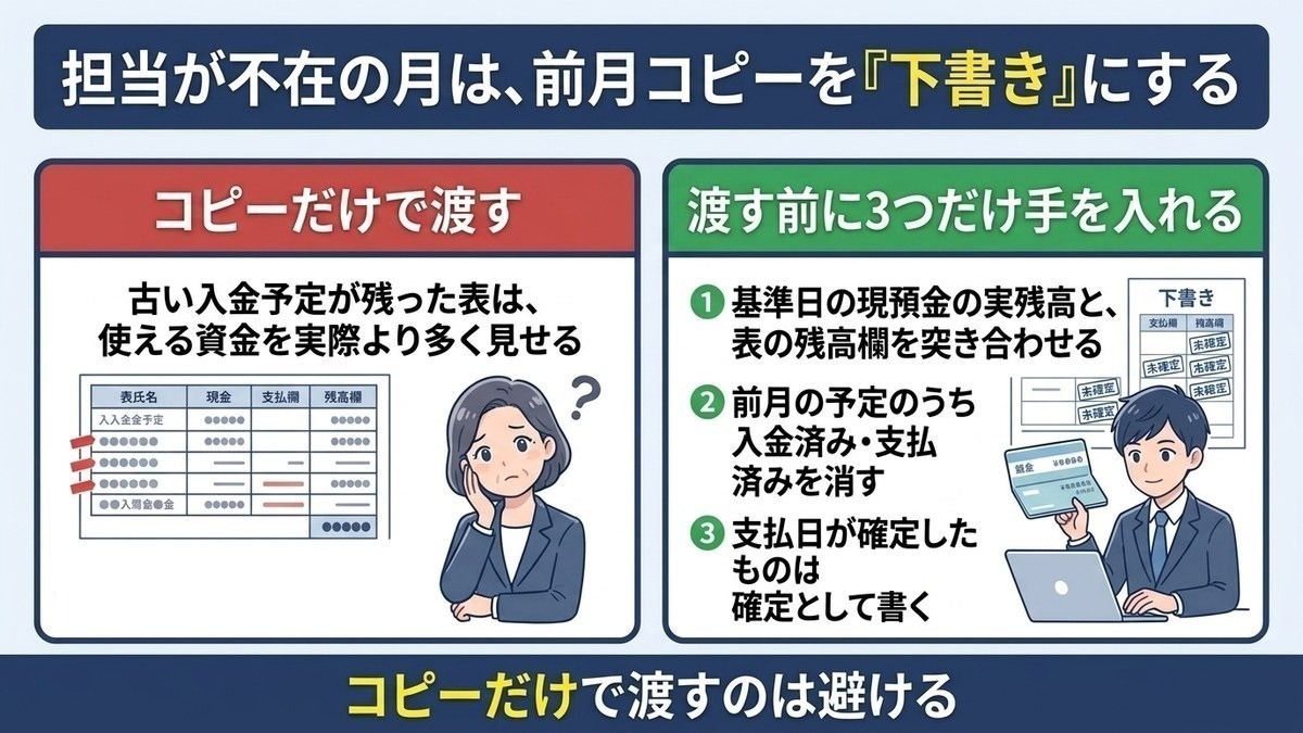 不在時の前月コピーを下書きにして3つ手を入れる対比図解
