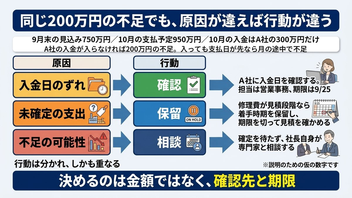 不足の原因別に確認・保留・相談へ分かれる対応表図解