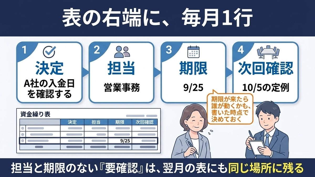 決定・担当・期限・次回確認の1行を示すカード図解