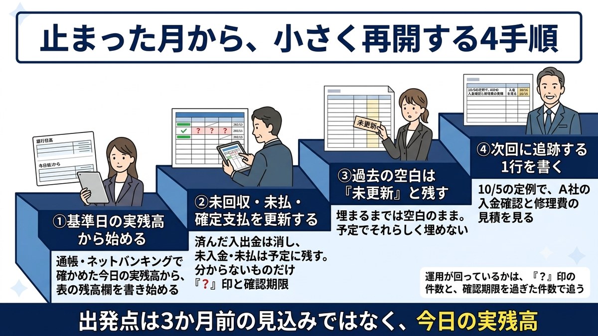 止まった月から小さく再開する4手順の階段図解