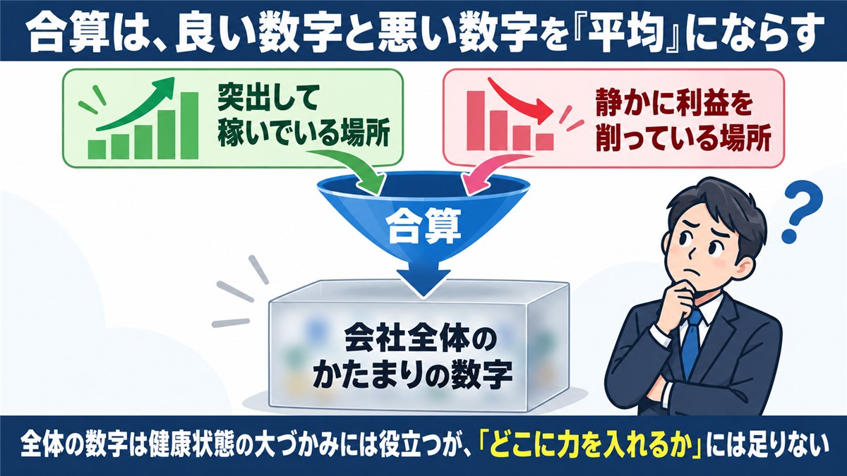 合算すると良い数字も悪い数字も平均にならされる図解