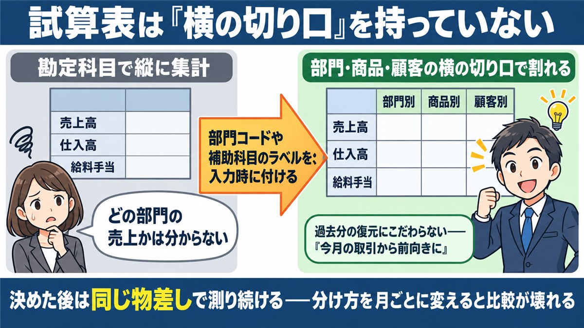 勘定科目の縦集計に横の切り口を加える前後の図解