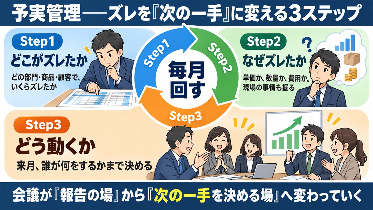 予実のズレを次の一手に変える3ステップの円環図解