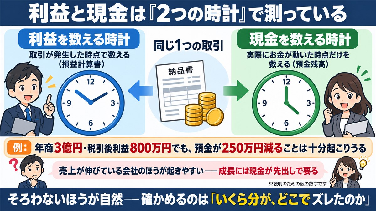 利益と現金を数える2つの時計の違いを示す対比図解