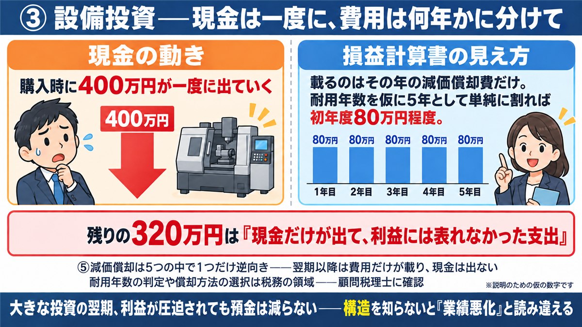 設備投資で現金と費用の載り方がズレる仕組みの図解