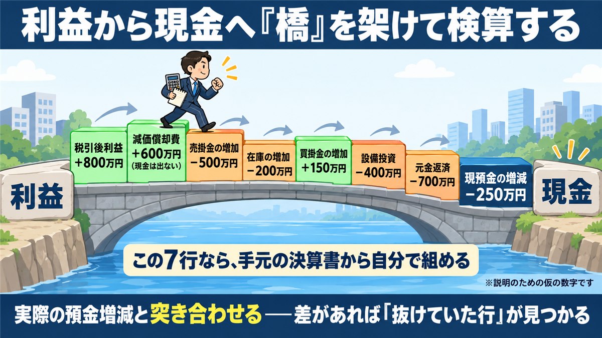税引後利益から現預金の増減へ7行でつなぐ橋の図解