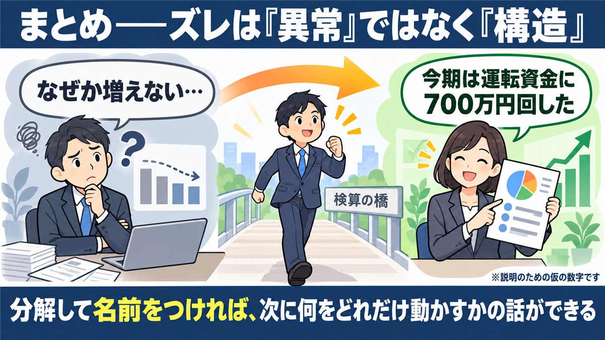 ズレを金額で説明できるようになった変化を描くまとめ図