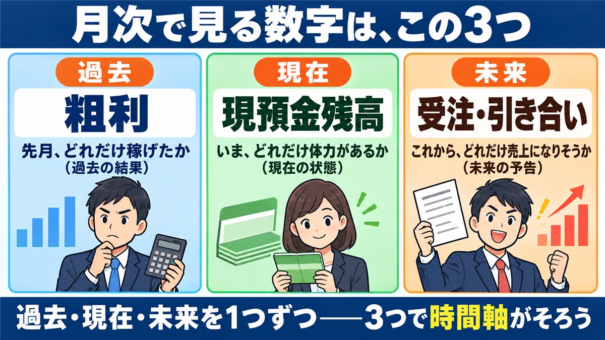 粗利・現預金残高・受注引き合いの3つの数字を過去現在未来で示す図解