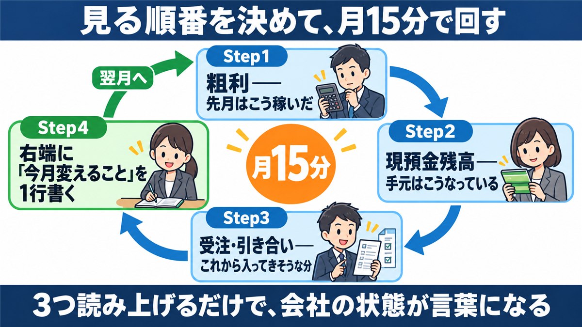 粗利から受注引き合いまで月15分で回す月次の循環ステップ図