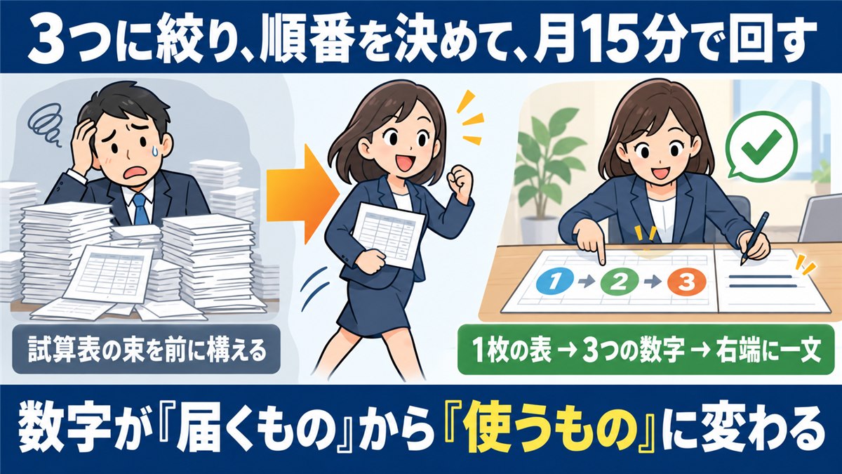 試算表の束から1枚の表へ、月次の変化を示すまとめの図解