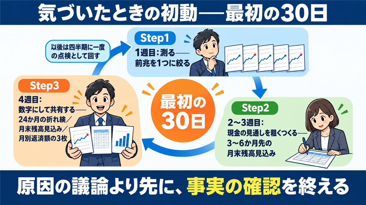 測る・見通す・共有する、最初の30日の初動を示す循環図解