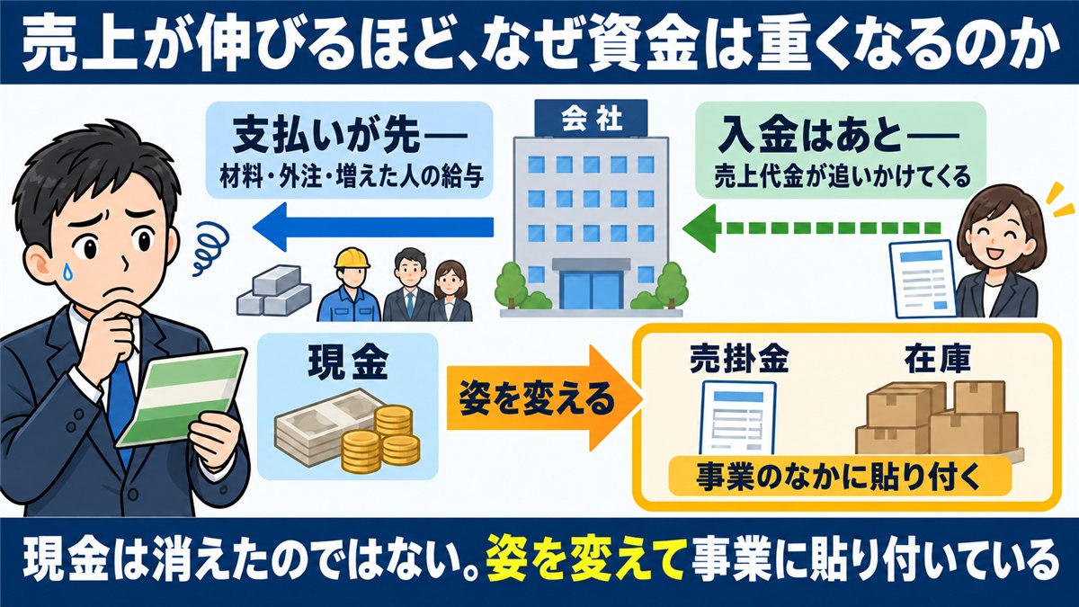 増収期に現金が売掛金と在庫に姿を変える仕組みの図解