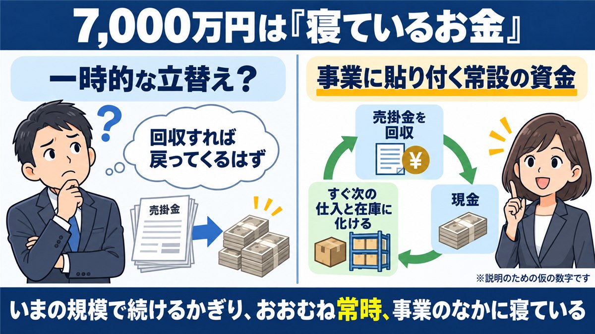 必要運転資金が常時事業に寝ているお金であることを示す対比図解