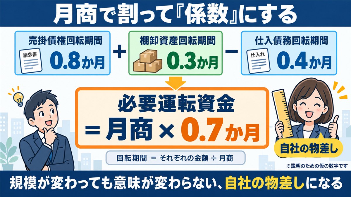 回転期間を月商で割り係数0.7か月に直す計算の図解