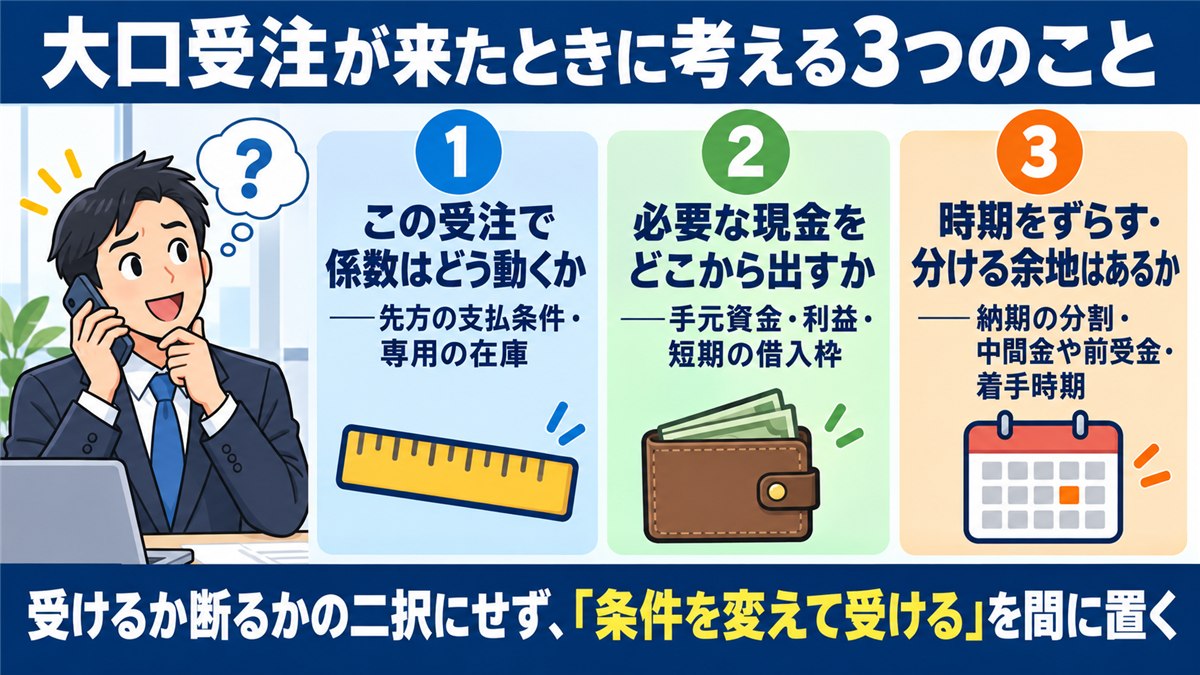 大口受注時に確かめる3つの問いを示すカード図解