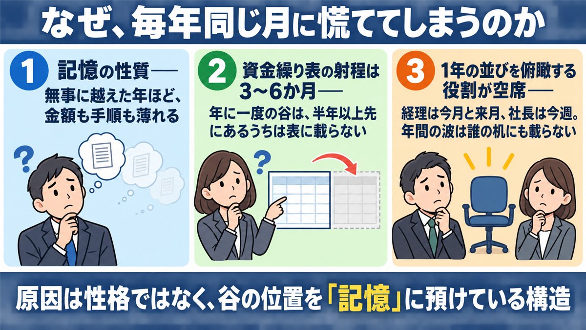 毎年同じ月に慌てる3つの事情を示すカード図解