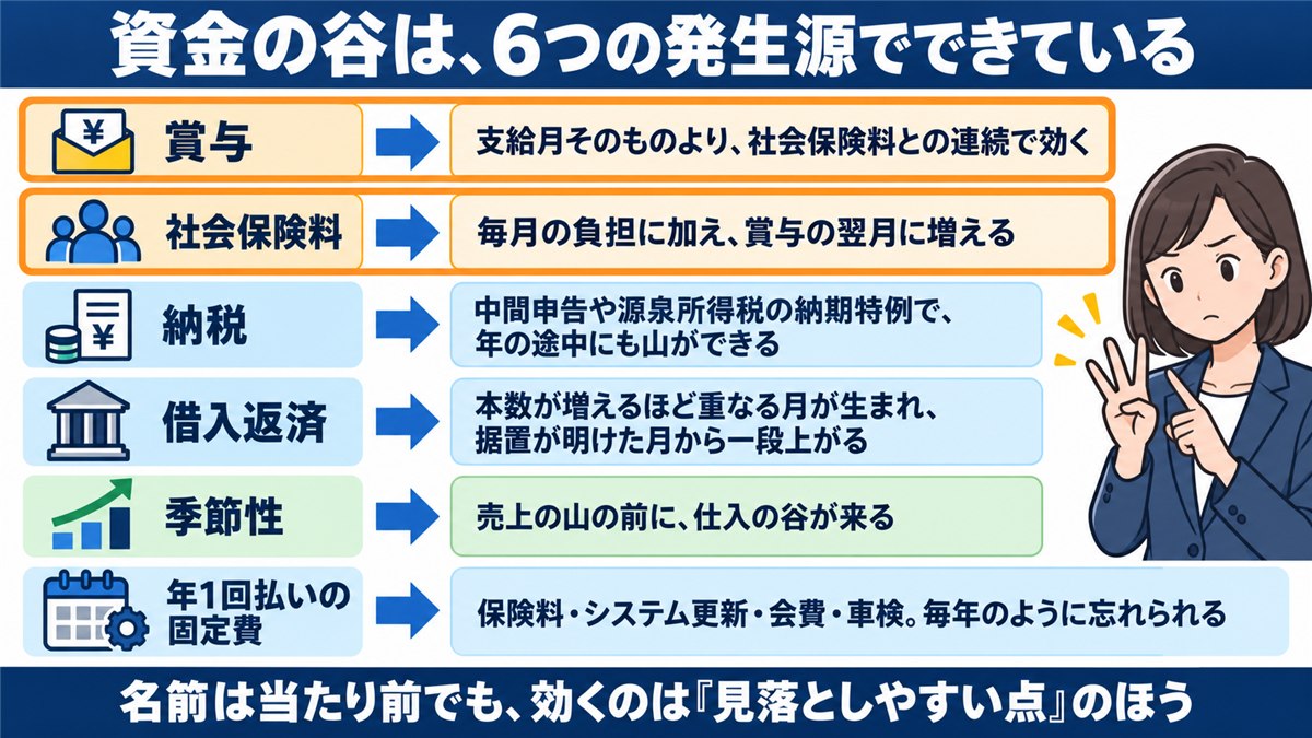 資金の谷をつくる6つの発生源と見落としやすい点の一覧図解