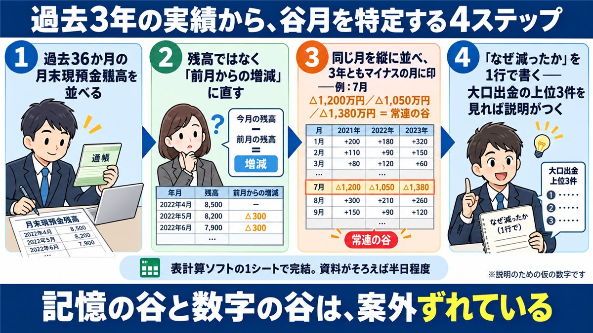 月末残高の増減から谷月を特定する4ステップの図解