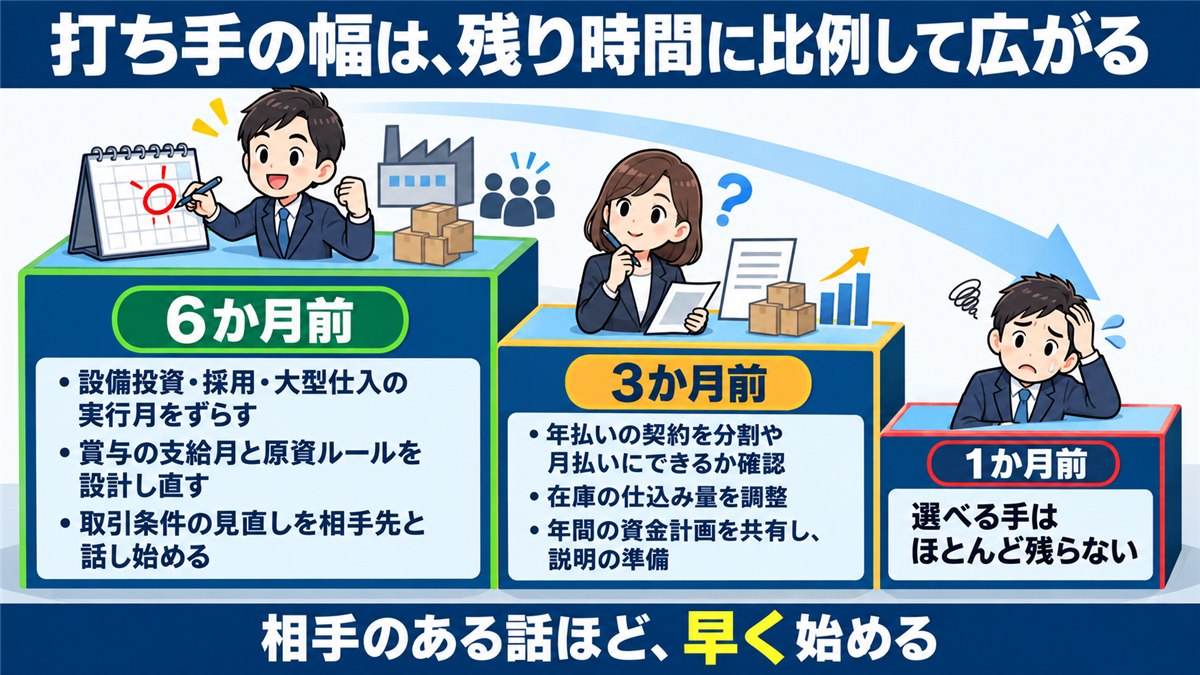 残り時間別に選べる打ち手の幅が変わることを示す階段の図解