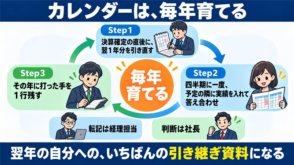 年1回の引き直しと四半期の答え合わせで育てる循環の図解